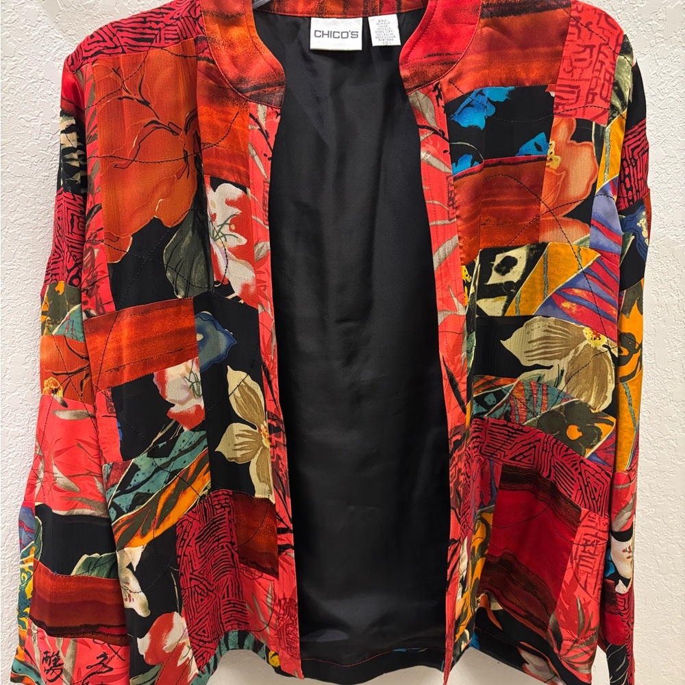 Chico's Red Multi-Print Open Front Patchwork Jack… - image 1